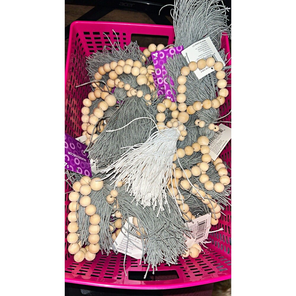 30 Wood Beaded Decor Garland with Yarn Tassel, Natural Gray & White 30 in total